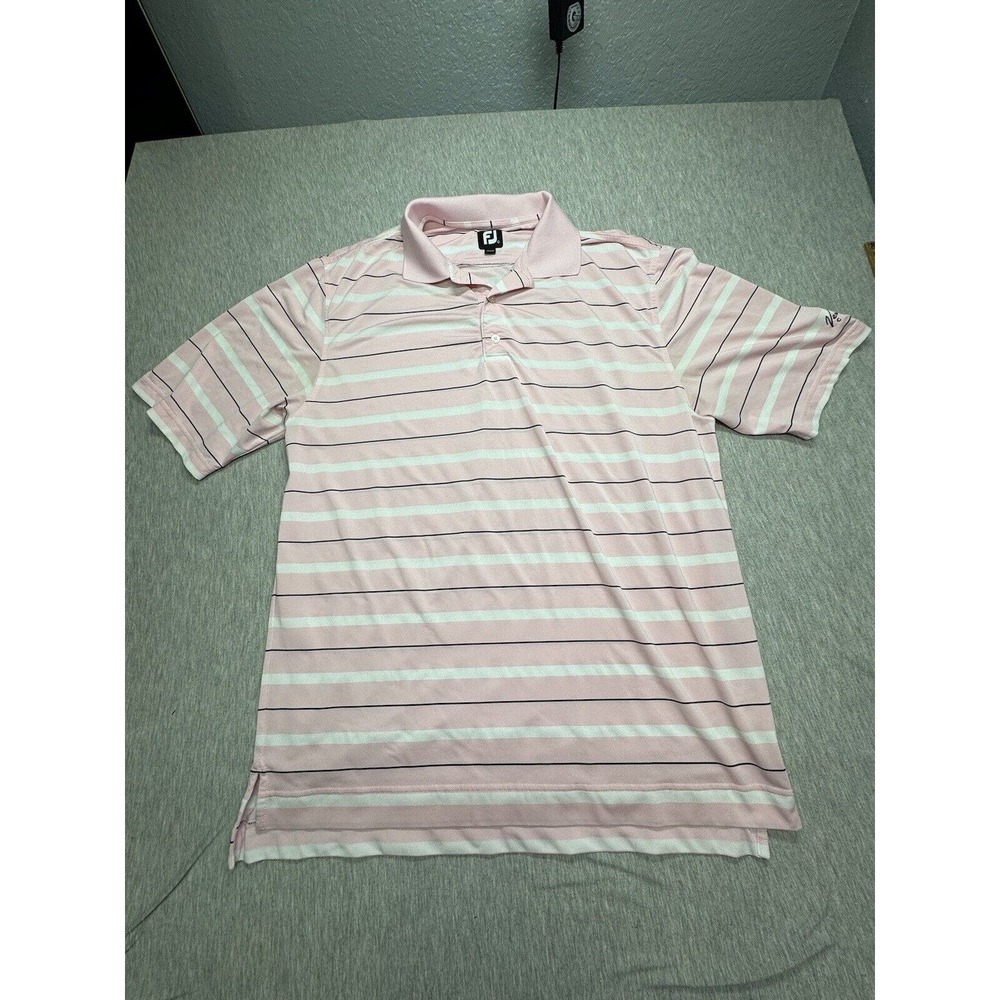 FootJoy Polo Shirt Mens Large Pink/Black/White Striped Logo Golf‎ FJ